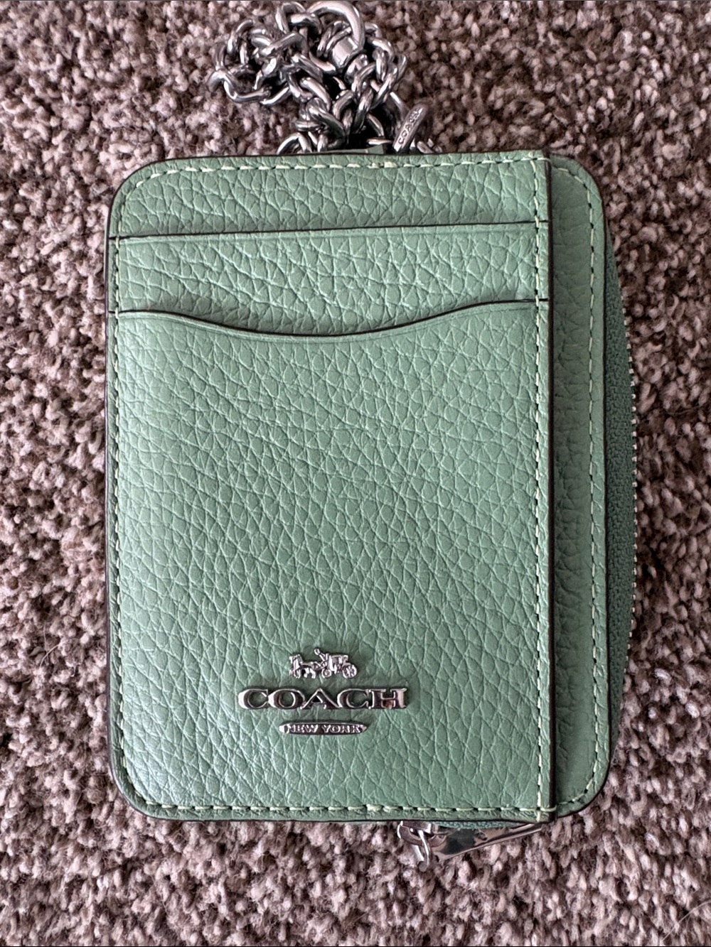 Coach Green Pebbled Leather Card Wallet with Chain